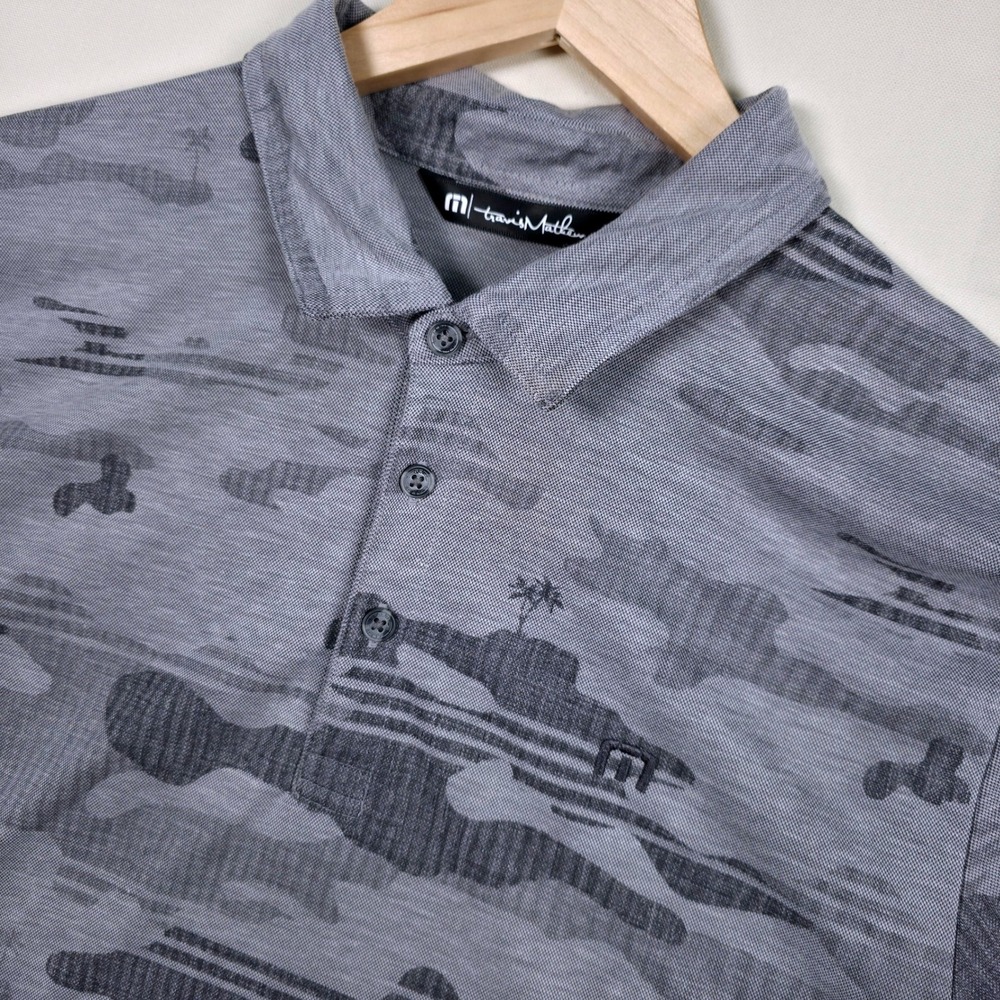 TravisMathew Camo Tropical Polo Men XL Grey‎ Pima Cotton Short Sleeve
